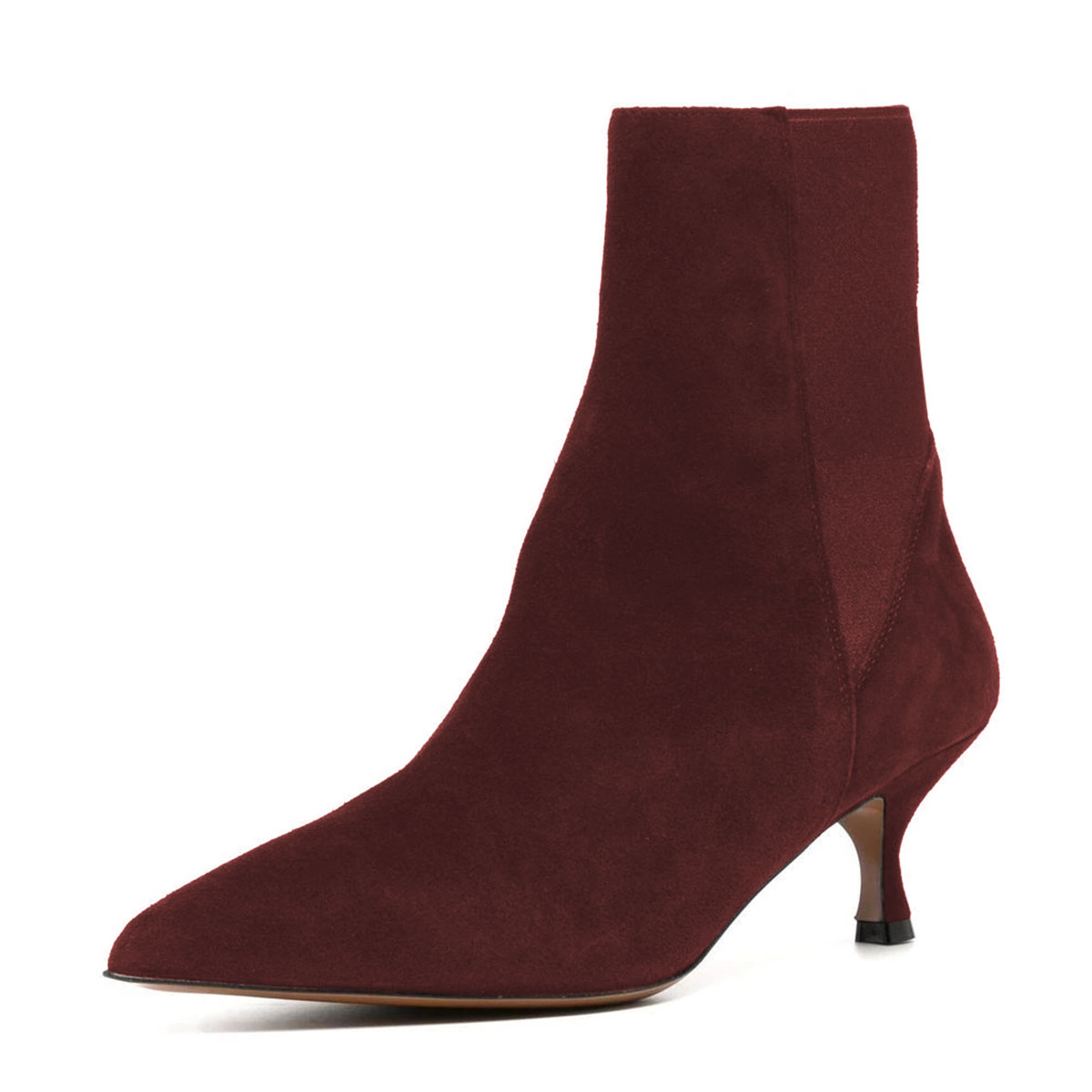 Maroon Pointed Toe Kitten Heel Ankle Boots with Pull-On Style Nicepairs