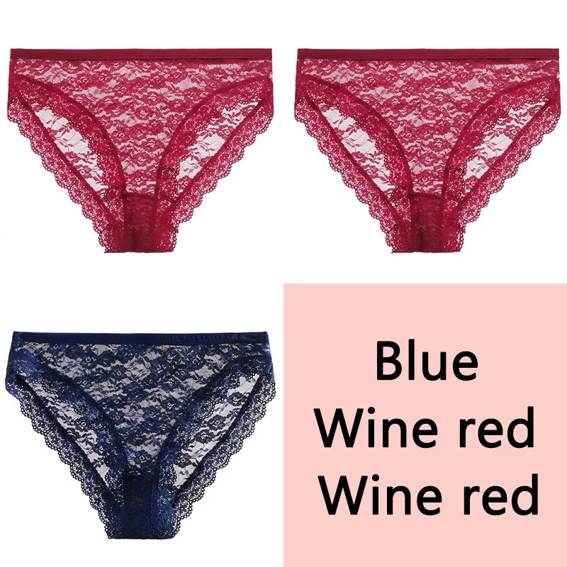FINETOO Full Lace Briefs Panties Sexy Women Underwear M-2XL Low Waist Underpants Transparent Floral Panty Ladies Lingerie 3Pcs