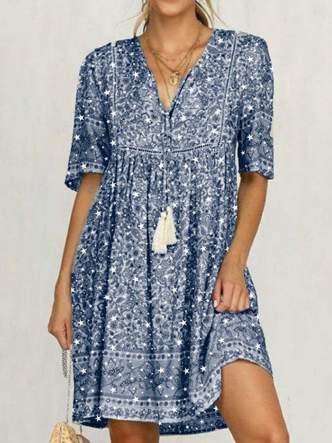 Blue Cotton Printed Short Sleeve Patchwork Dresses Zaesvini