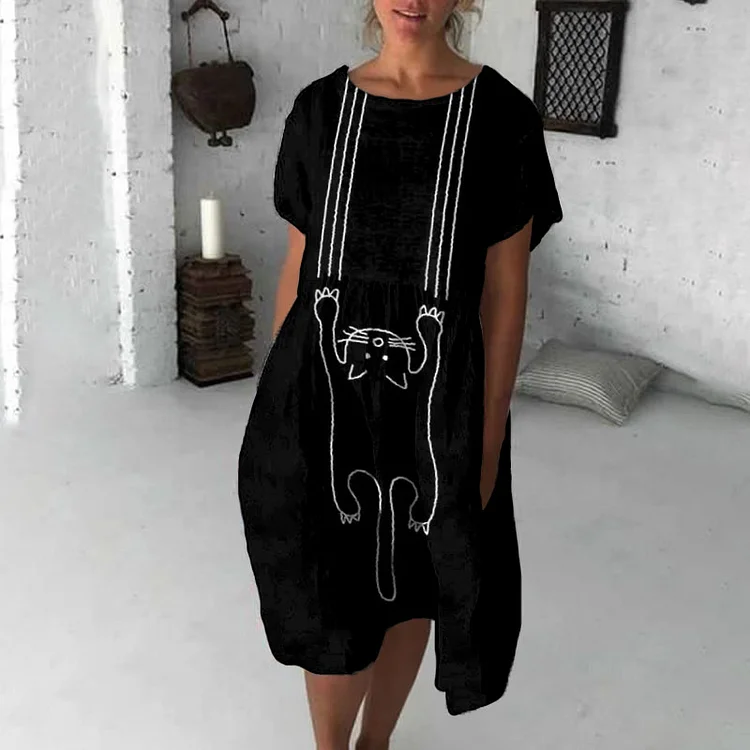 Vefave Cat Print Short Sleeve Midi Dress