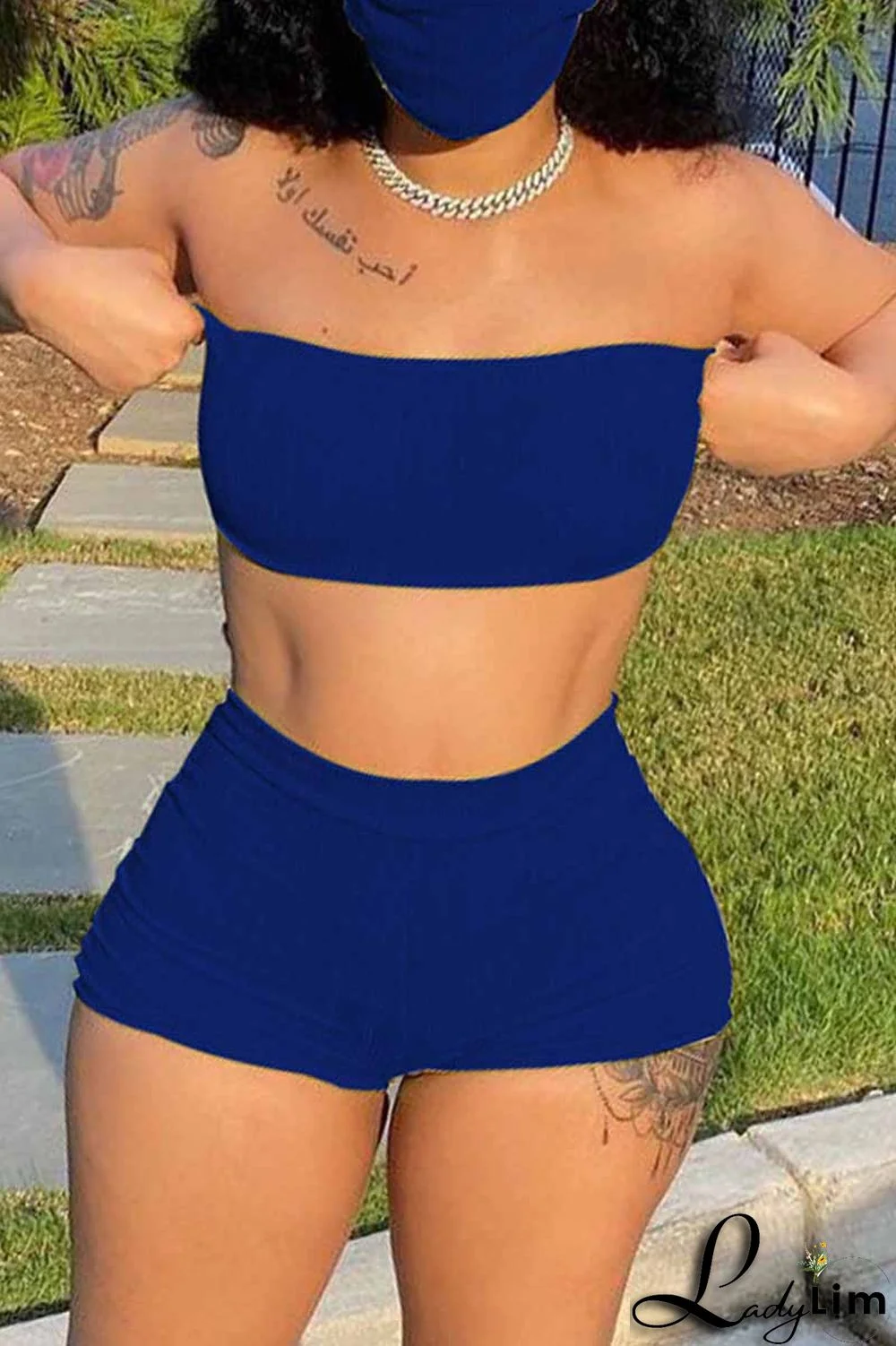 Blue Fashion Sexy Solid Backless Strapless Sleeveless Two Pieces