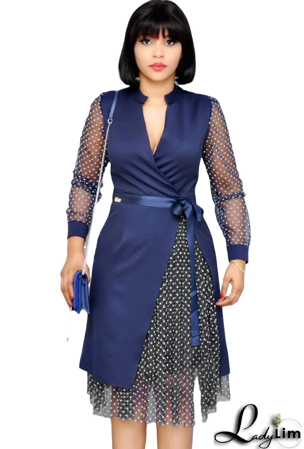 Autumn Plus Size Formal Mesh Patch Polka Dot Blue Knee-Length Office Dress