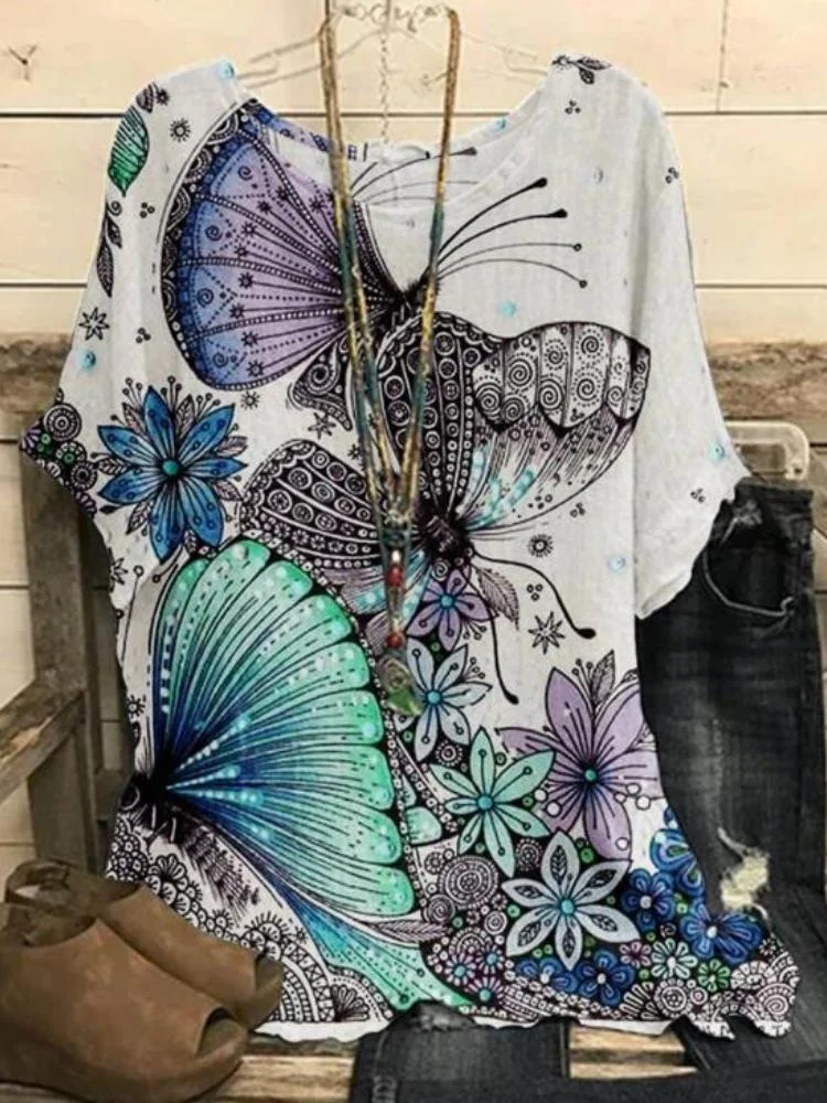Women's New Round Neck Butterfly Print Short Sleeve T-Shirt