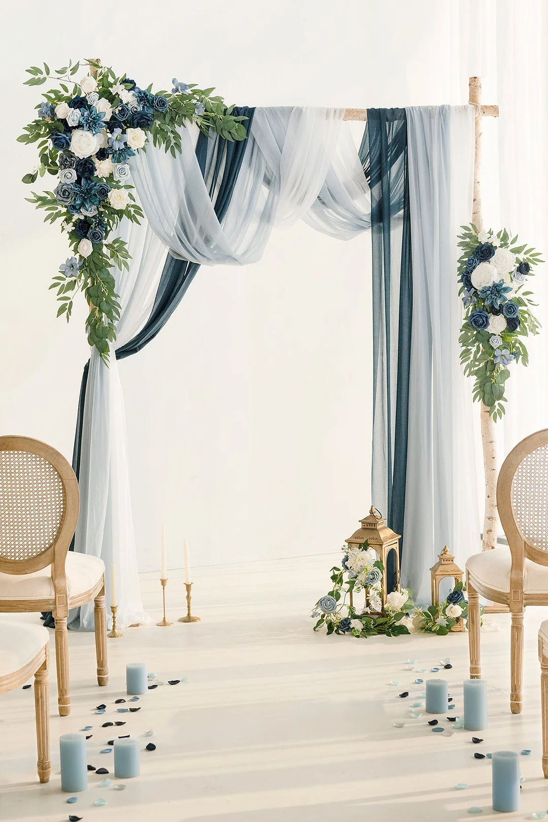 Flower Arch Decor with Drapes in Dusty Blue & Navy