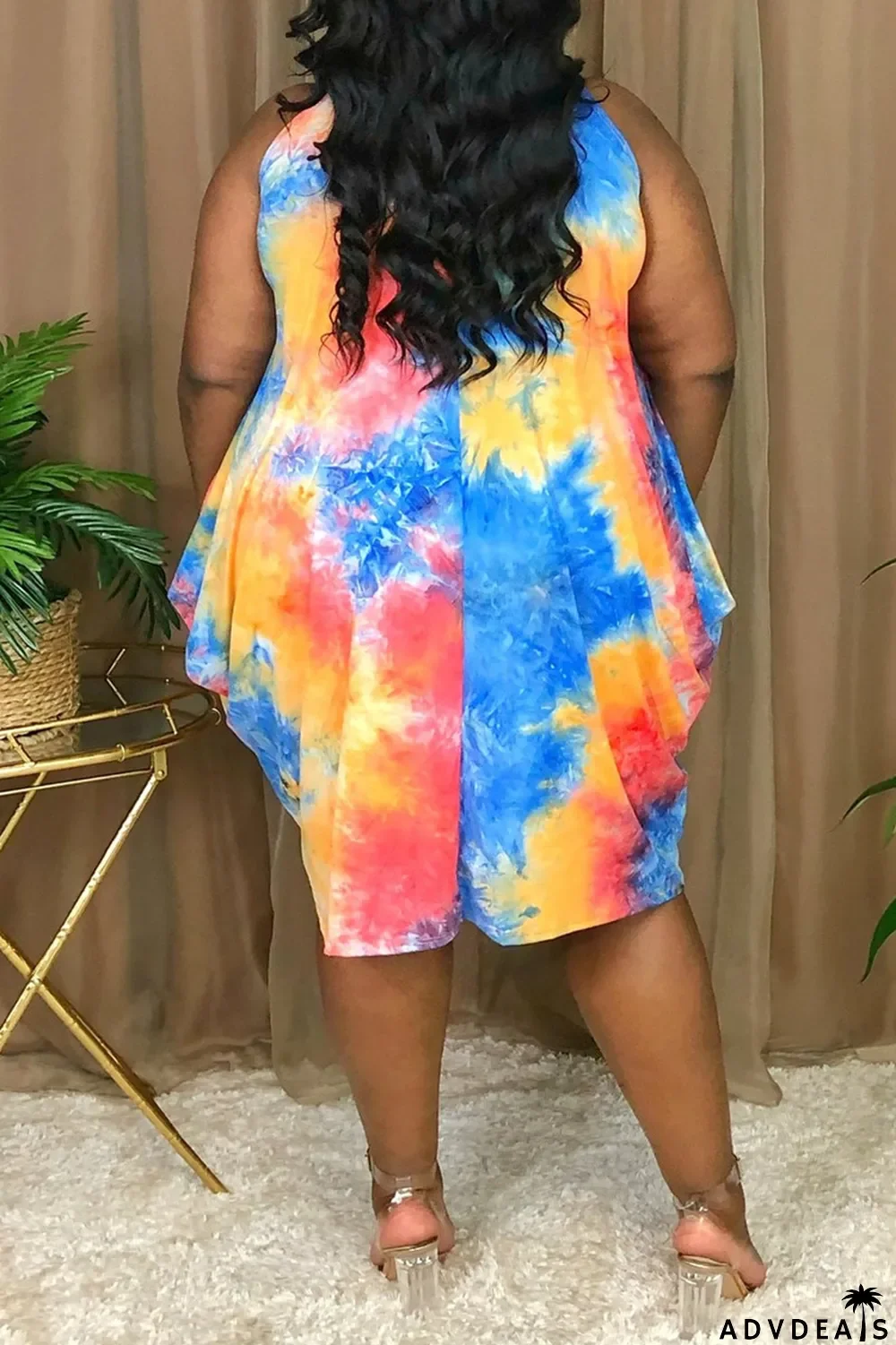 Pink Fashion Sexy Plus Size Print Tie Dye Asymmetrical O Neck Vest Dress