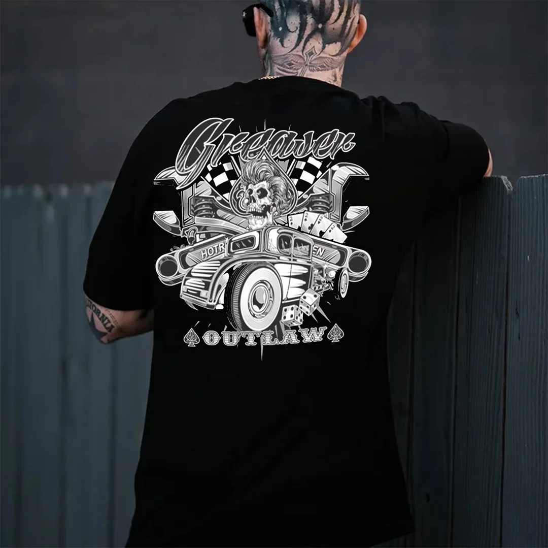 GREASER OUTLAW Spade Skull Auto Parts Print Men's T-shirt