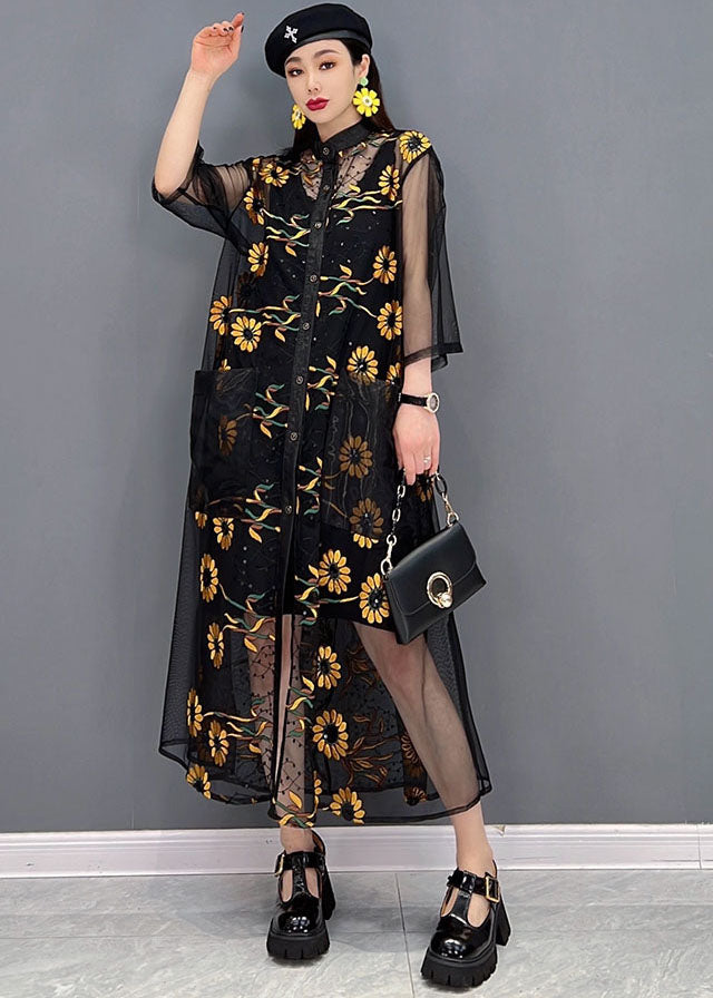 VCSHOES Black Hollow Out Floral Print Tulle UPF 50+ Long Shirt Dress Summer