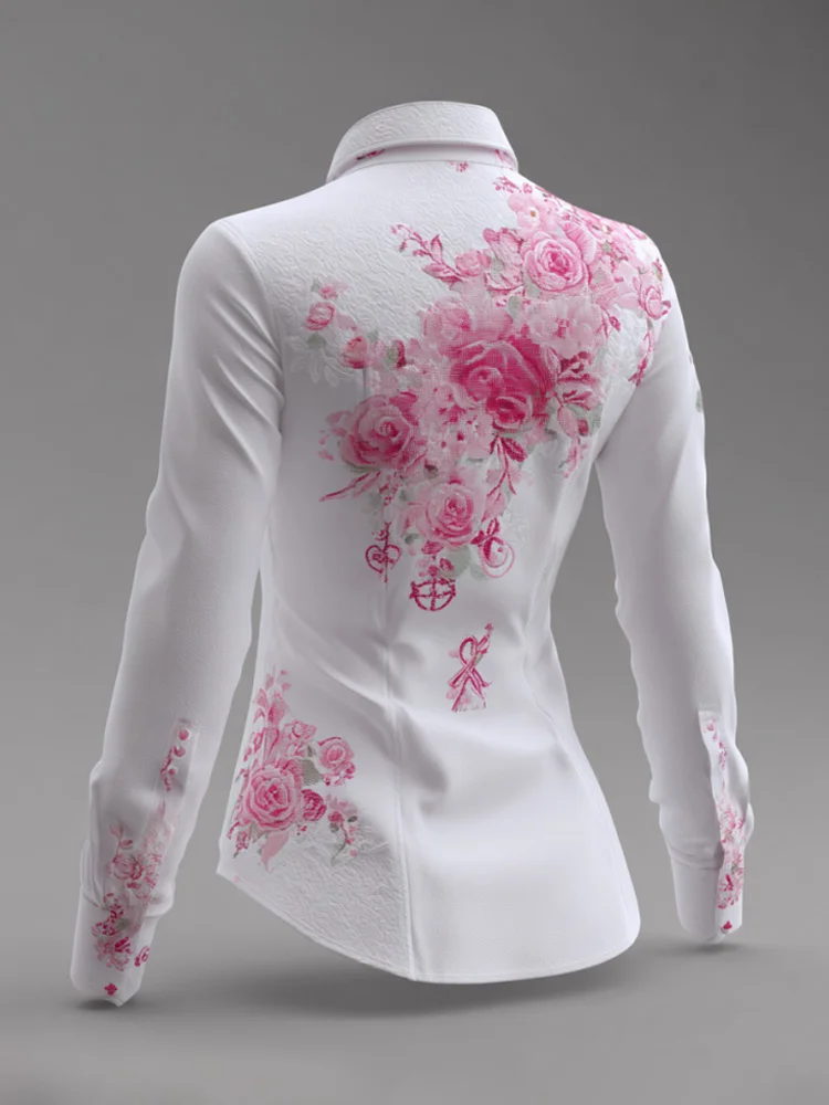 Women's Casual Breast Cancer Embroidered Floral Print Shirt