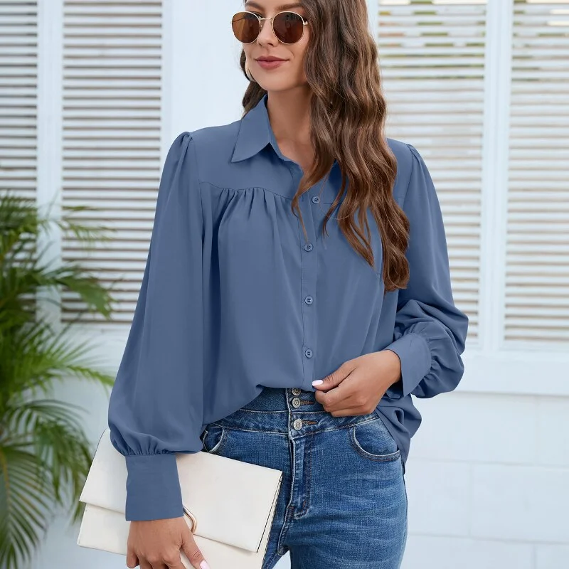 Tlbang Casual Button Shirts Elegant Lantern Sleeve Chiffon Loose Women Blouse Vintage Solid Lady Top Office Woman Clothes 24751