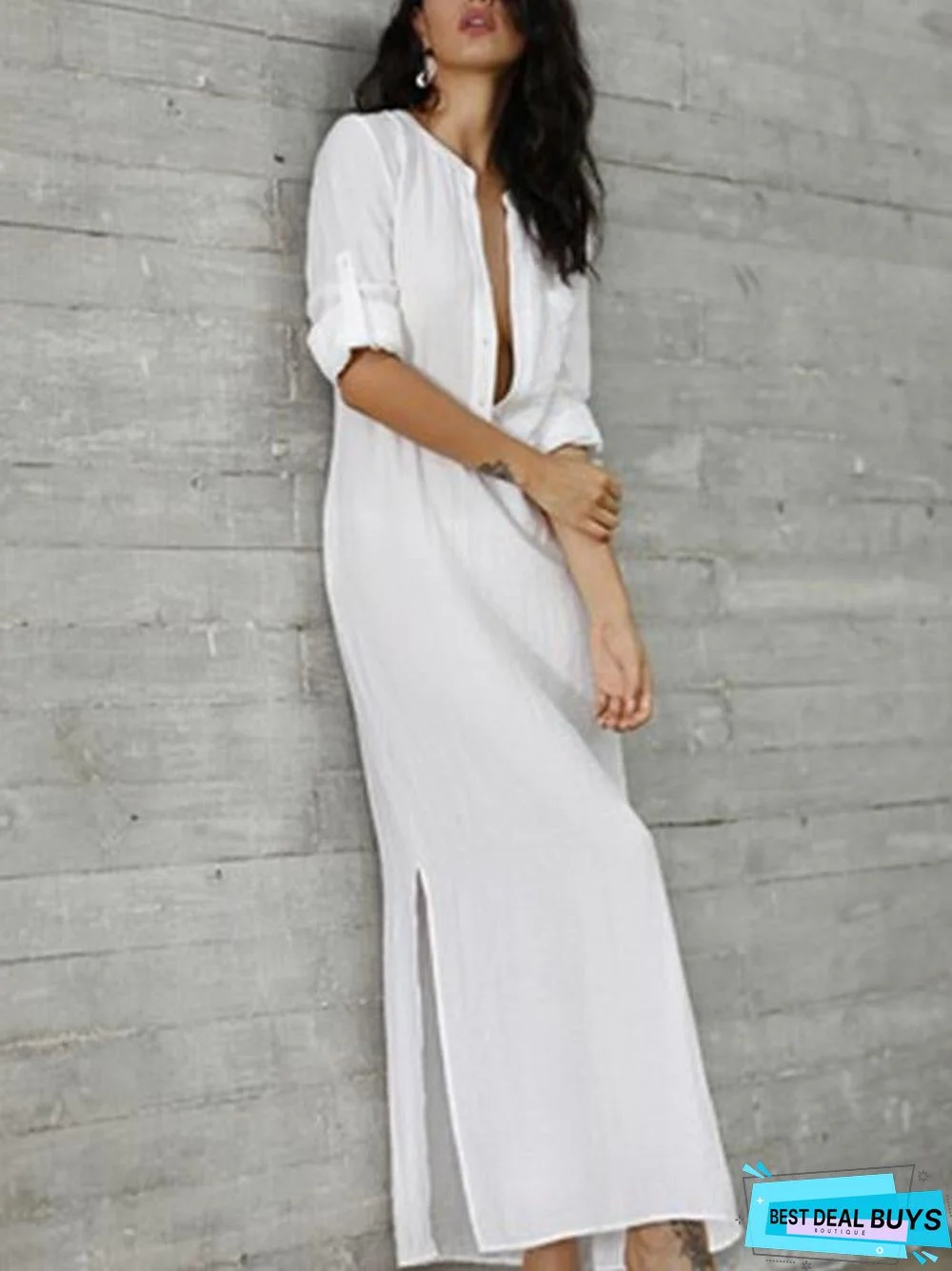 Long Sleeve Plunging Neck Buttoned Dress White Dresses Linen