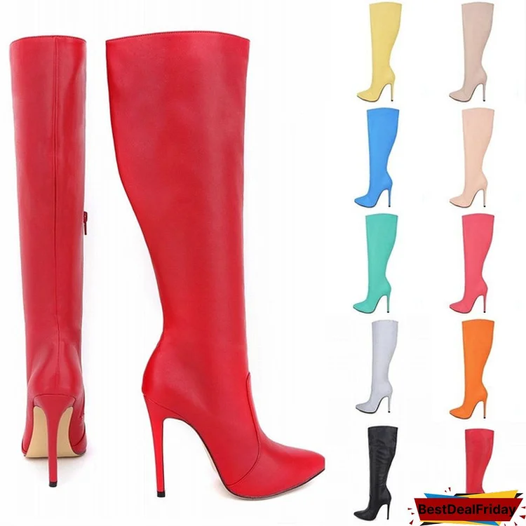 Womens Leather Pointed Toe High Heels Autumn Winter Mid Calf Knee Wide Leg Stretch Boots Us Size 5-10 Fashion Shoe