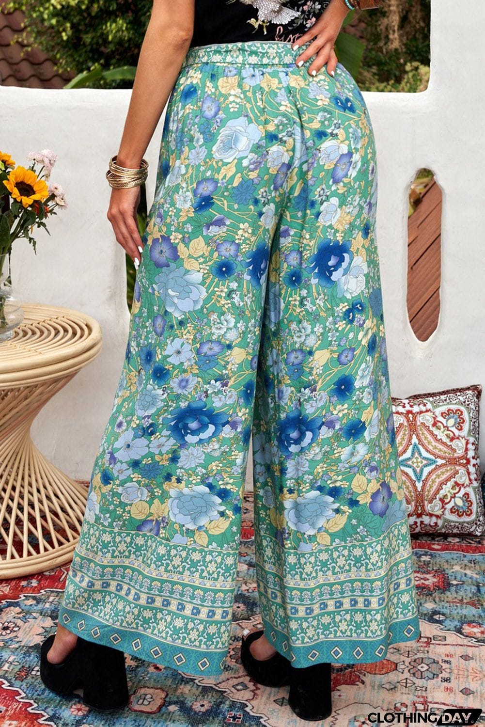 Green Floral Wide Leg Boho Pants