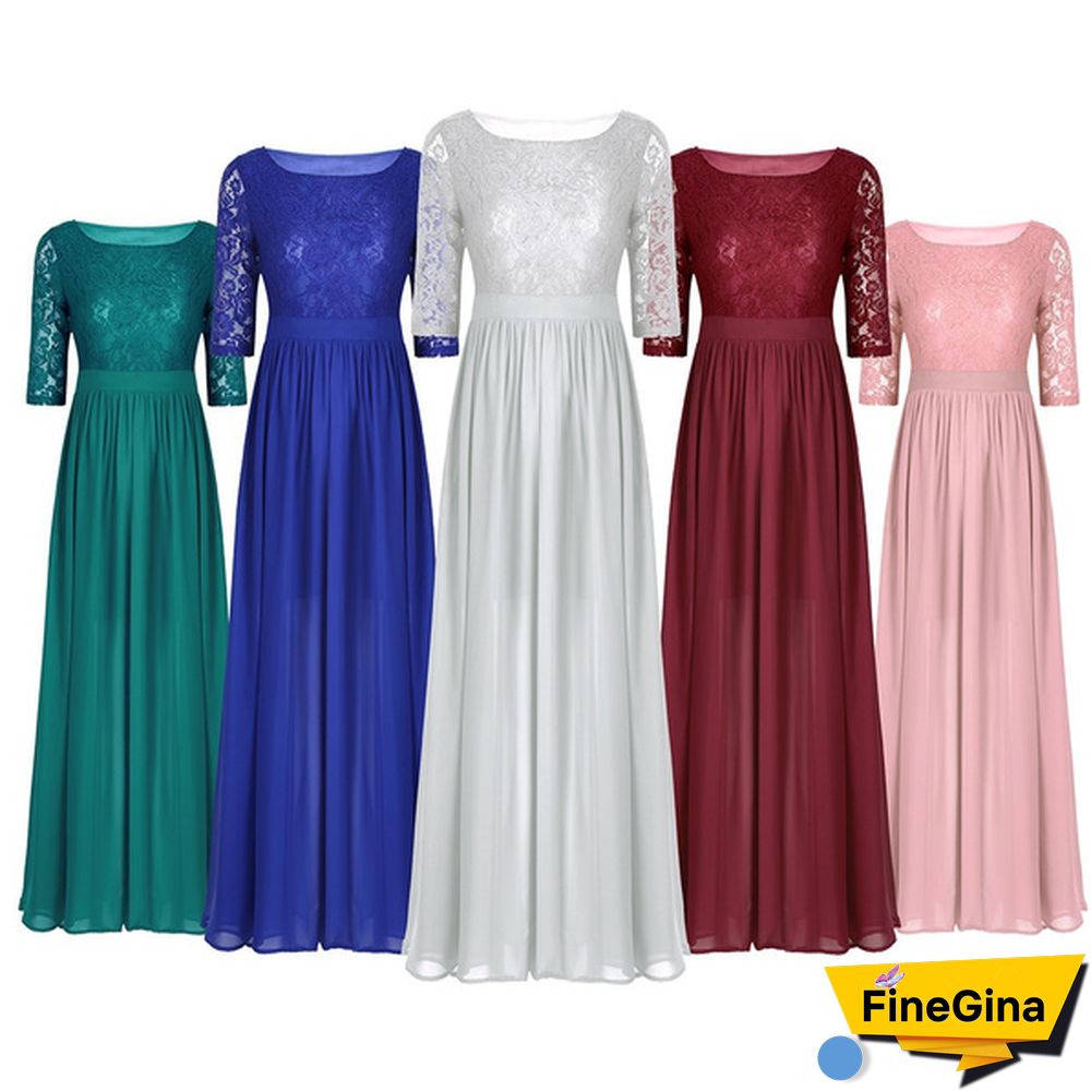 Womens Half Sleeved Embroidered Lace Top Front Slit Chiffon Wedding Bridesmaid Gown Prom