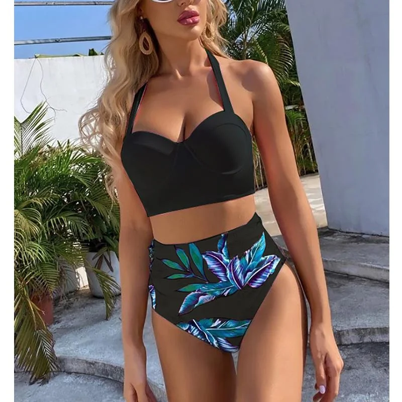 2021 New High Waist Bikini Leaf Print Swimsuit Women Push Up Swimwear Female Halter Bathing Suit Vintage Swimming Suit Biquini