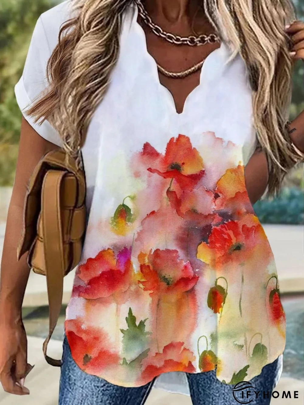 Floral Short Sleeve V Neck Printed Tunic Top | IFYHOME
