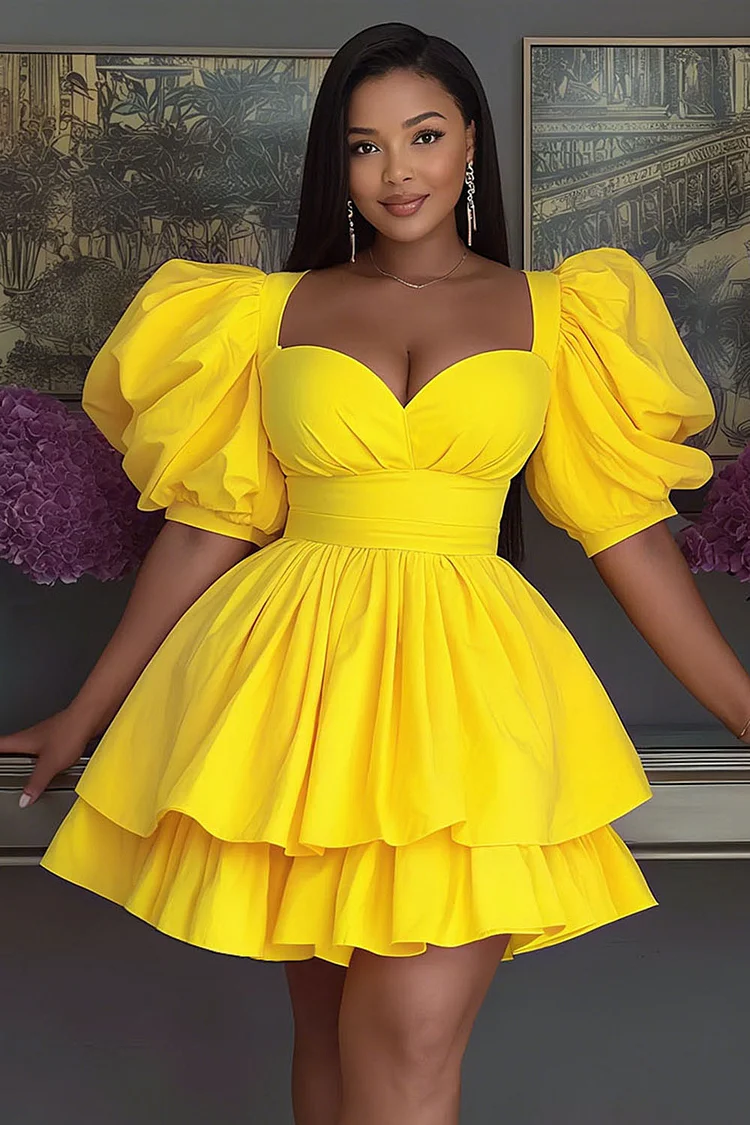 Puff Sleeve Layered Hem A-Line Solid Party Mini Dresses-Yellow [Pre Order]