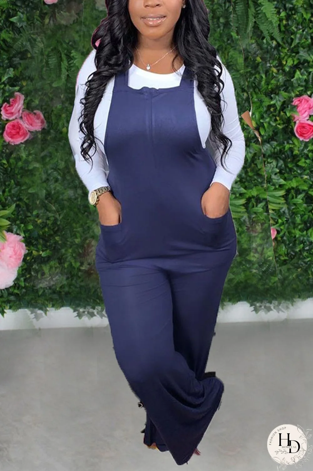 Blue Casual Solid Pocket Jumpsuits