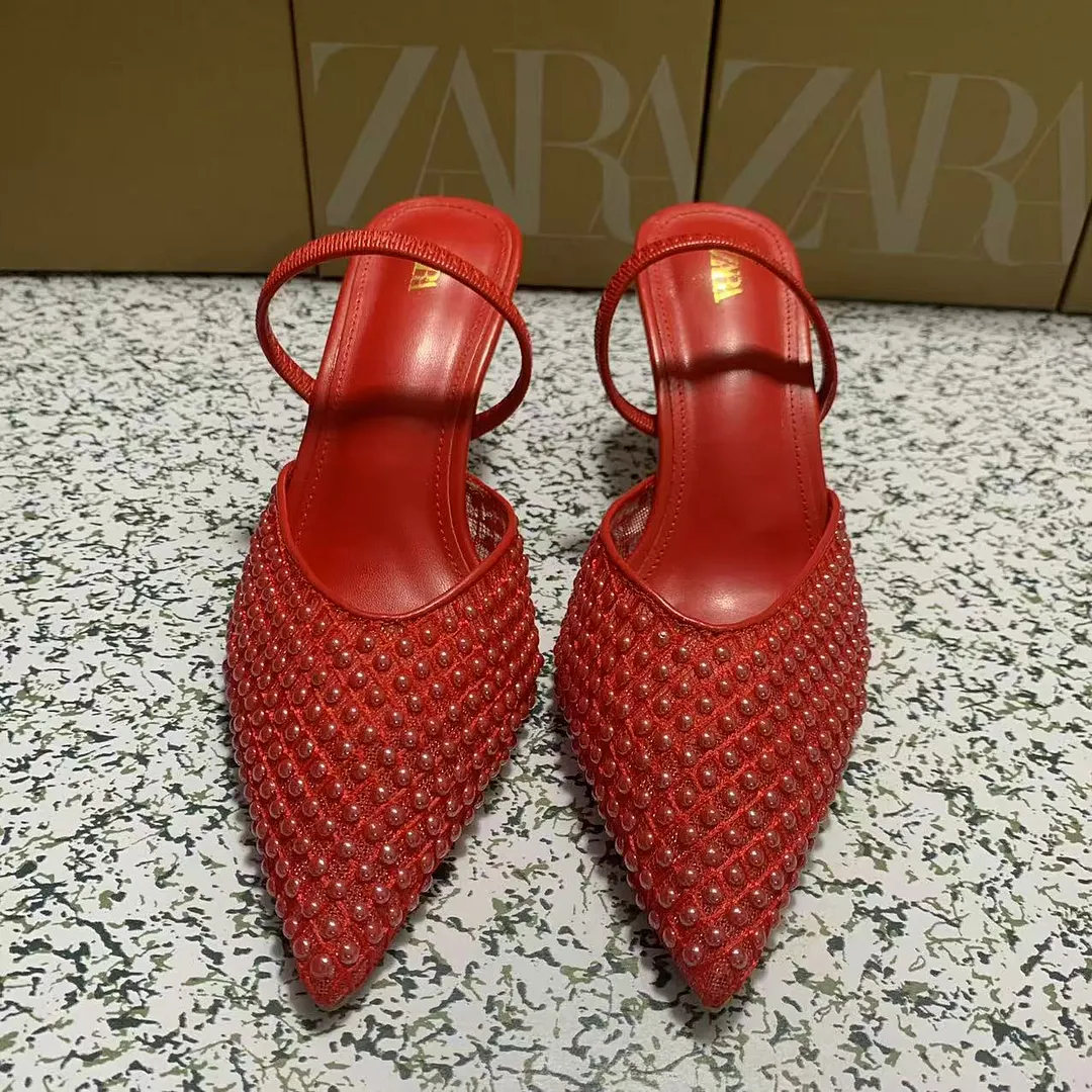 Breakj Breakj Home 2025 New Pointed Shoes Slippers And Women's Fine With 2025 Summer New Hollow Mesh Yarn Half Drag Woman