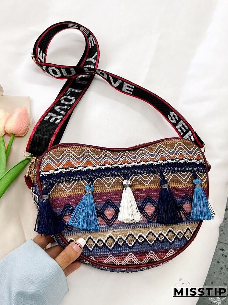 Colorblock Tassel Decor Striped Pattern Novelty Bag
