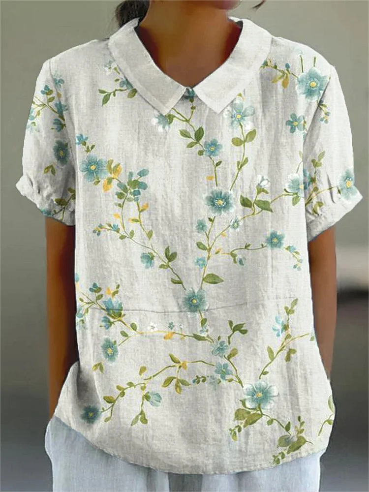 Women's Flower Art Print Casual Cotton And Linen Shirt