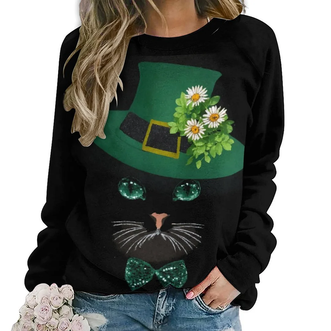 Printed Long Sleeve Casual Sweatshirt for  Women and Men Unisex Pattern St. Patrick's Day, Green, Clover, Lucky