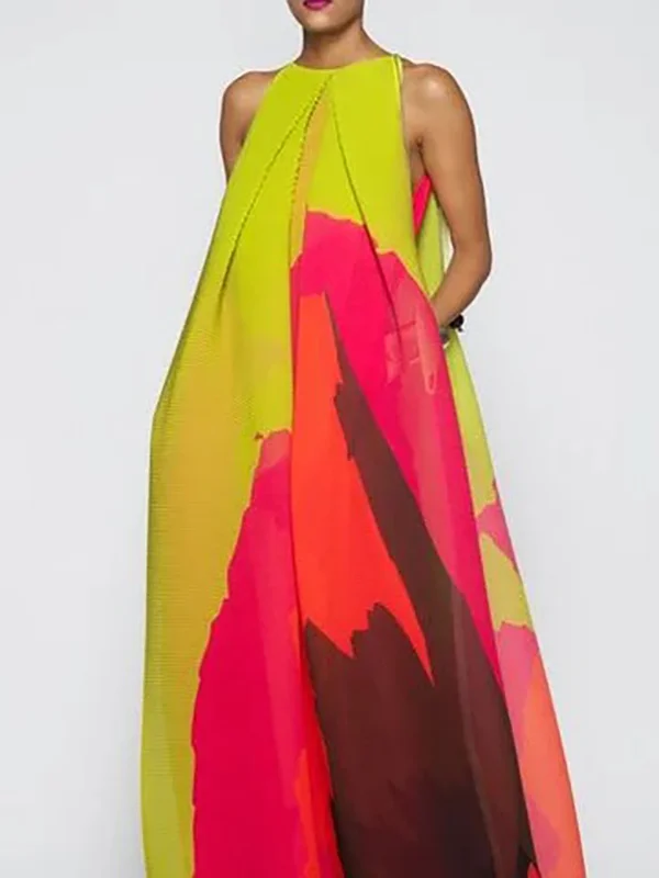 High Waisted Loose Contrast Color Pockets Round-Neck Maxi Dresses