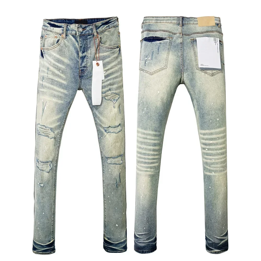 Wimaskel New Purples jeans American high street Retro wash hole patch trend straight Stylish low raise Elastic Skinny jeans brand pants