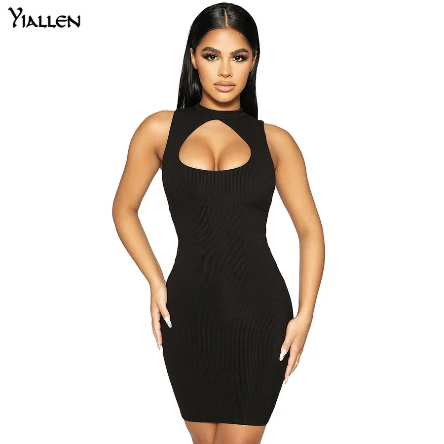 Yiallen Summer Women Casual O Neck Sleeveless Solid Rib Knitted Slim Stretch Mini Bodycon Dress 2021New Simple Wild Office Lady