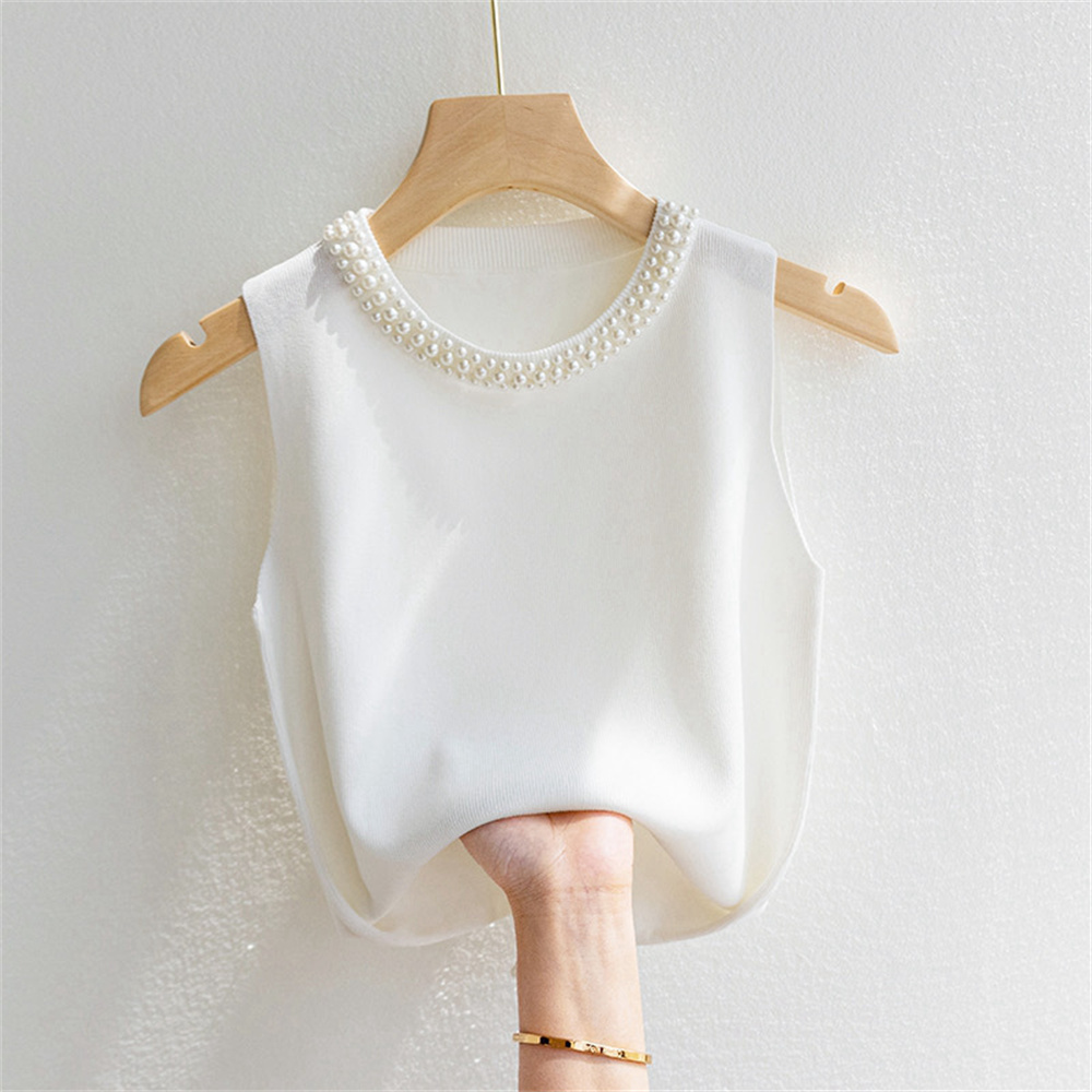 Ballifyex New Korean Knitted Vests Women Top Solid Tank Summer New Fashion Female Sleeveless Beading Casual Thin Basic Tops Women Clothes