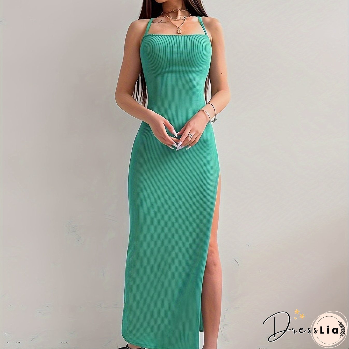 Solid Tie Back Bodycon Cami Dress, Elegant Split Thigh Sleeveless Backless Dress, Women's Clothing