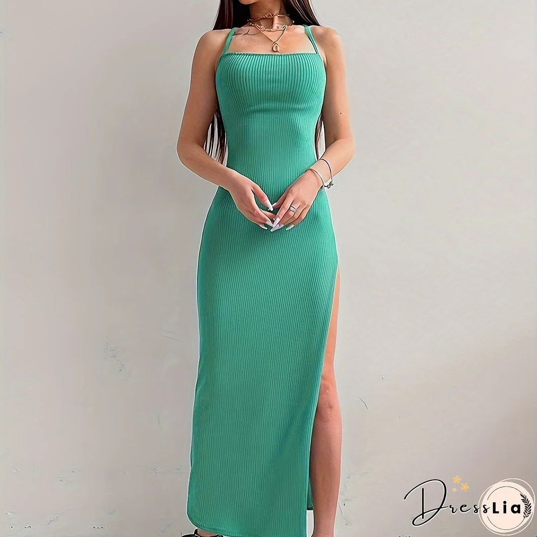 Solid Tie Back Bodycon Cami Dress, Elegant Split Thigh Sleeveless Backless Dress, Women's Clothing