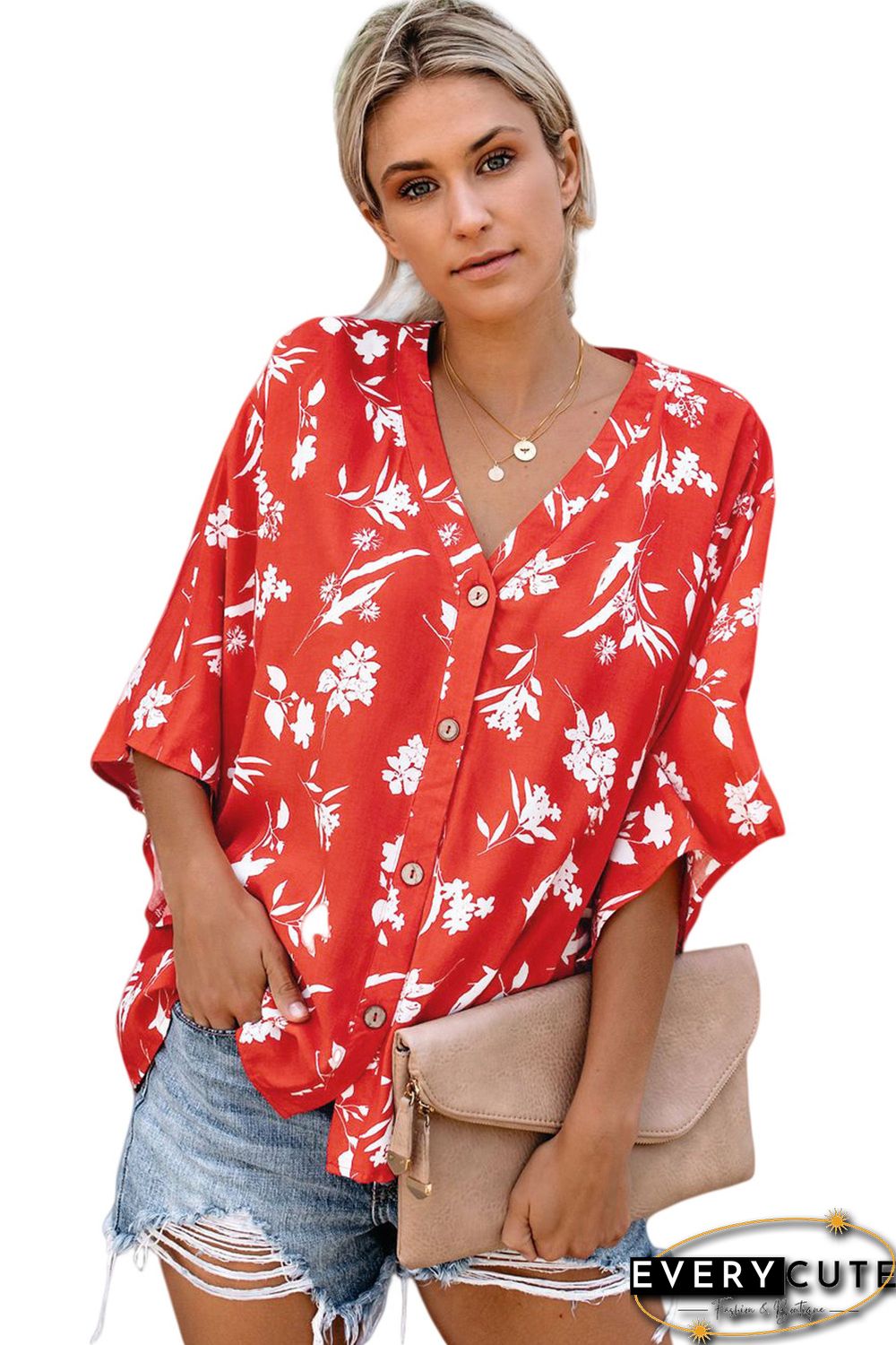 Red Floral Button Down Top