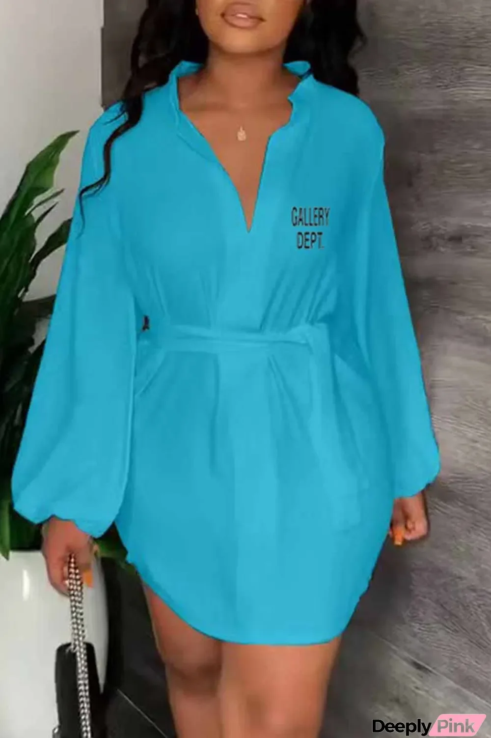 Blue Casual Print Letter With Belt V Neck One Step Skirt Dresses