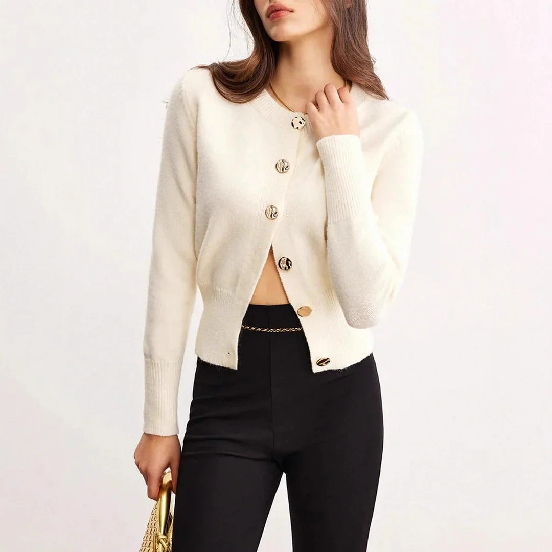 Nigikala Nigikala Elegant And Elegant Leisure Knitted Cardigan Fashion Commut Solid Color Simple Round-Neck Sweater Outside