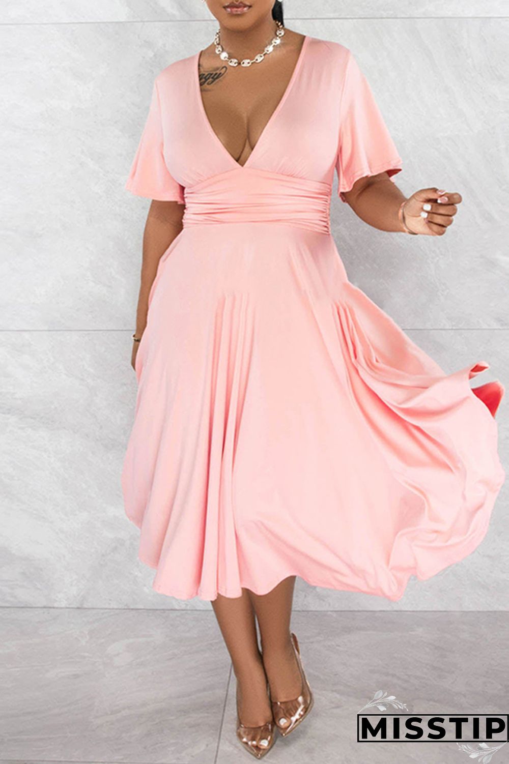 Black Casual Solid Patchwork V Neck Short Sleeve Dress