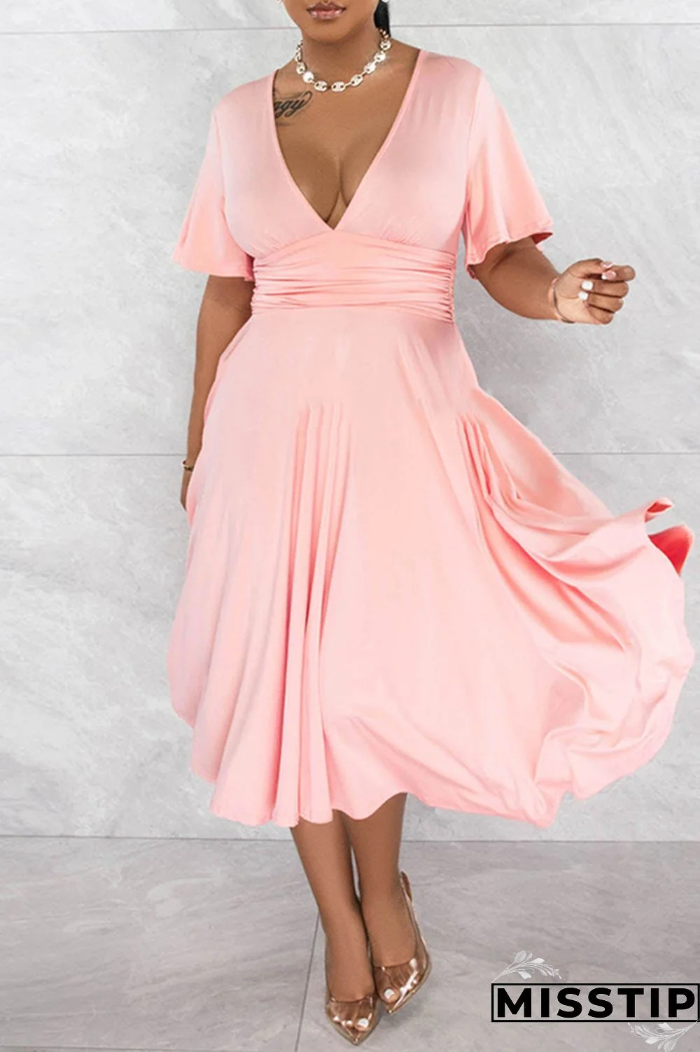 Black Casual Solid Patchwork V Neck Short Sleeve Dress