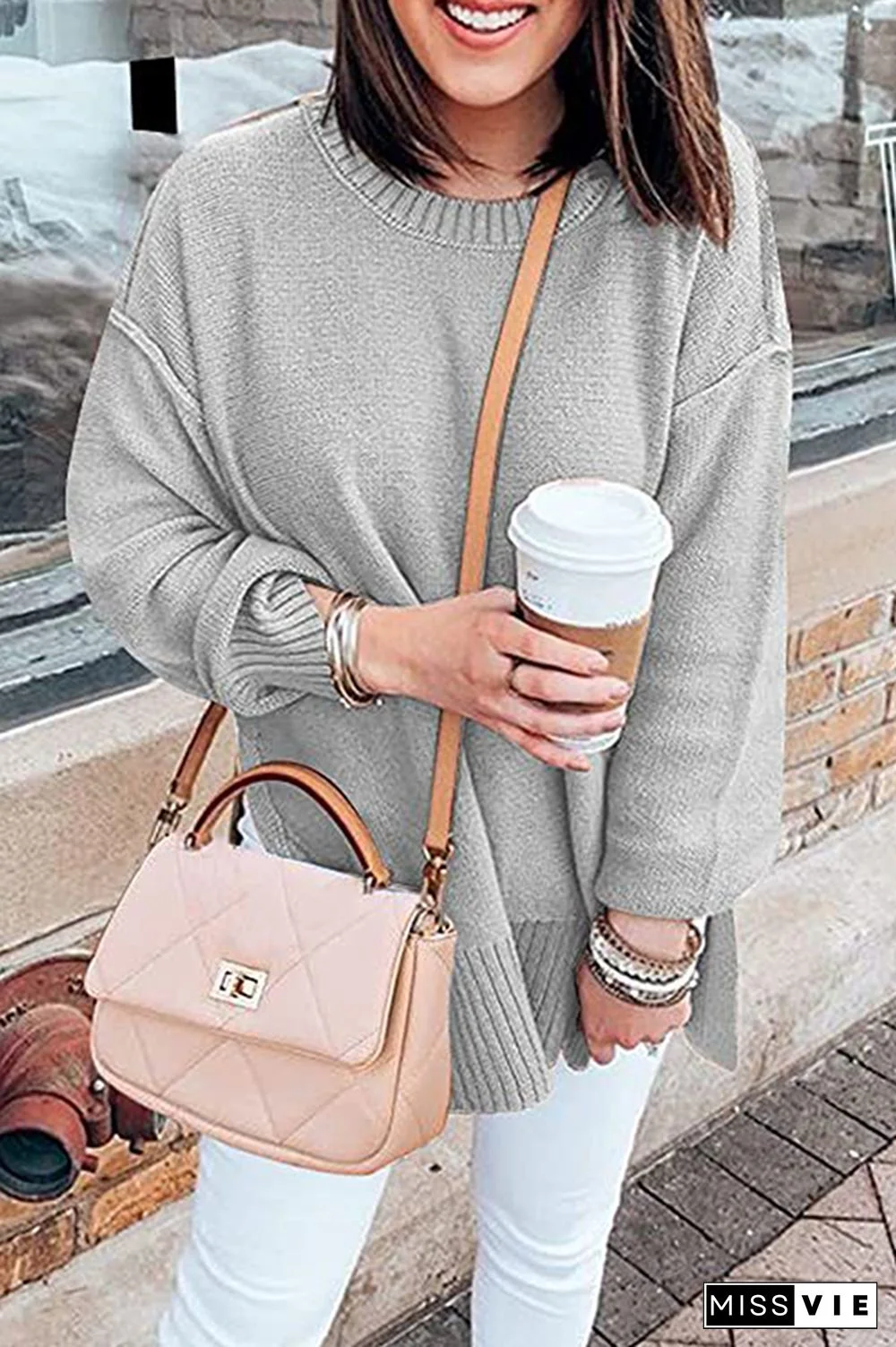 Casual Solid Patchwork Slit O Neck Tops Sweater