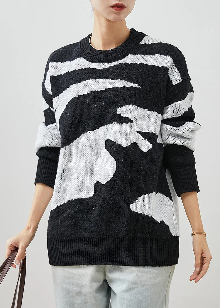Chic Black Oversized Print Thick Knitted Tops Winter