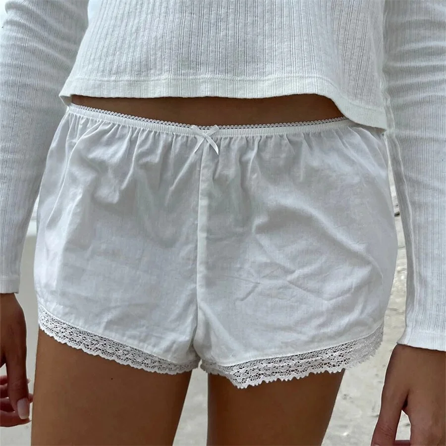 Brownm Lace Patchwork Shorts Women Elastic Low Waist Casual Straight Short Pants Sweet Y2k Bow Summer Sweatshorts Loungewear