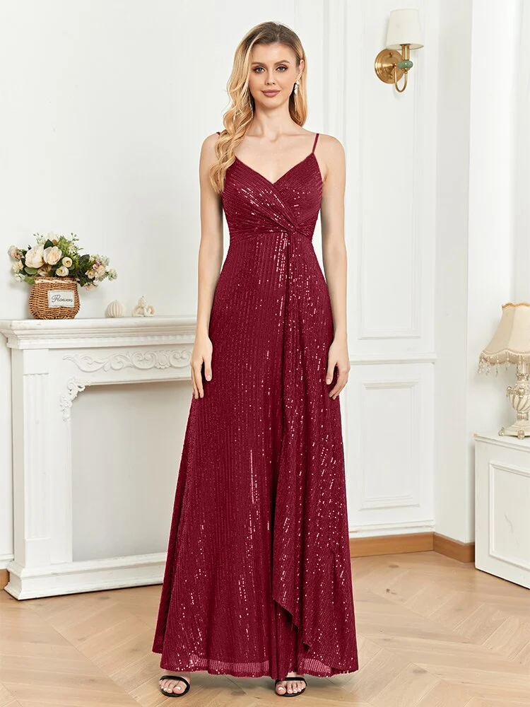 Elegant Green Sequins V Neck Evening Dress Guest Wedding Party Maxi Formal Dress 2023 Women Long Prom Cocktail Dress