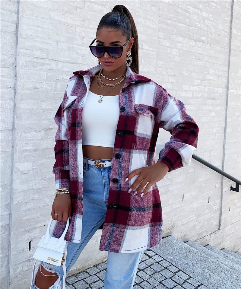 Long Sleeve Blouse Collar Double Pocket Plaid Wool Coat