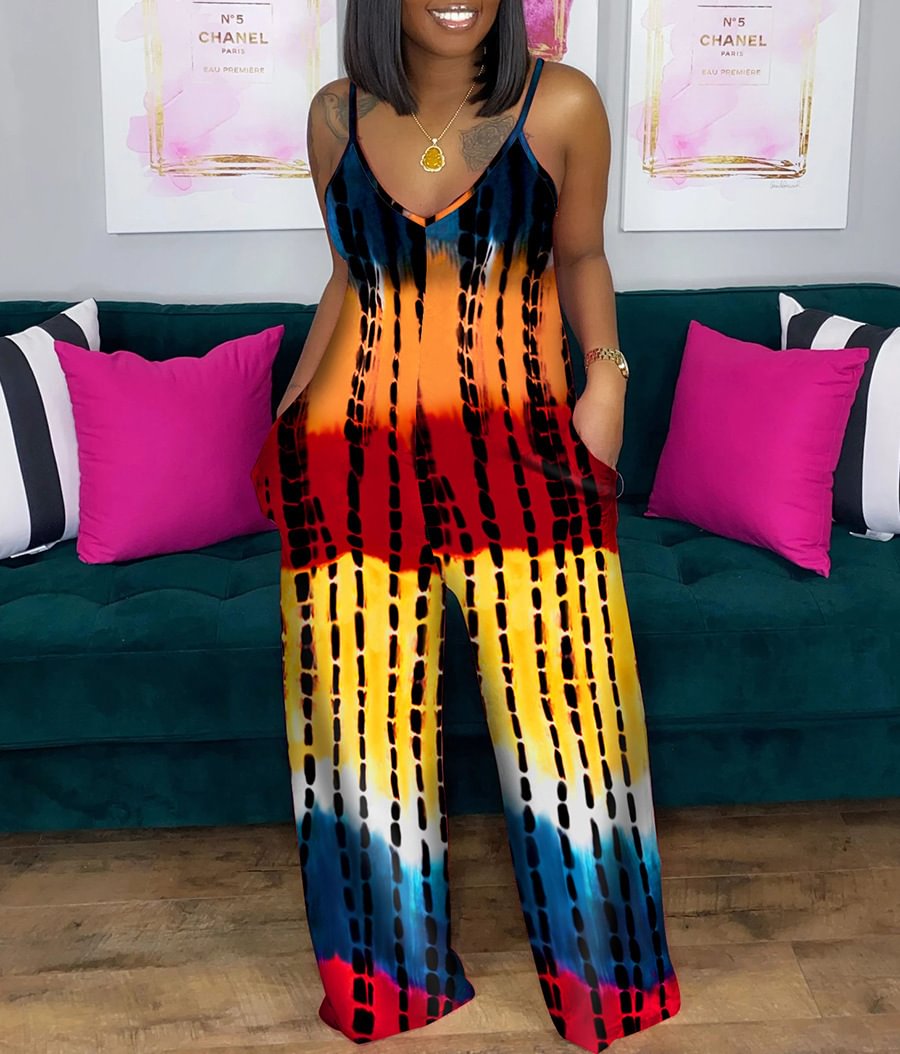 Summer Tie-dye Printing Deep V-neck Strap Loose Jumpsuit Women