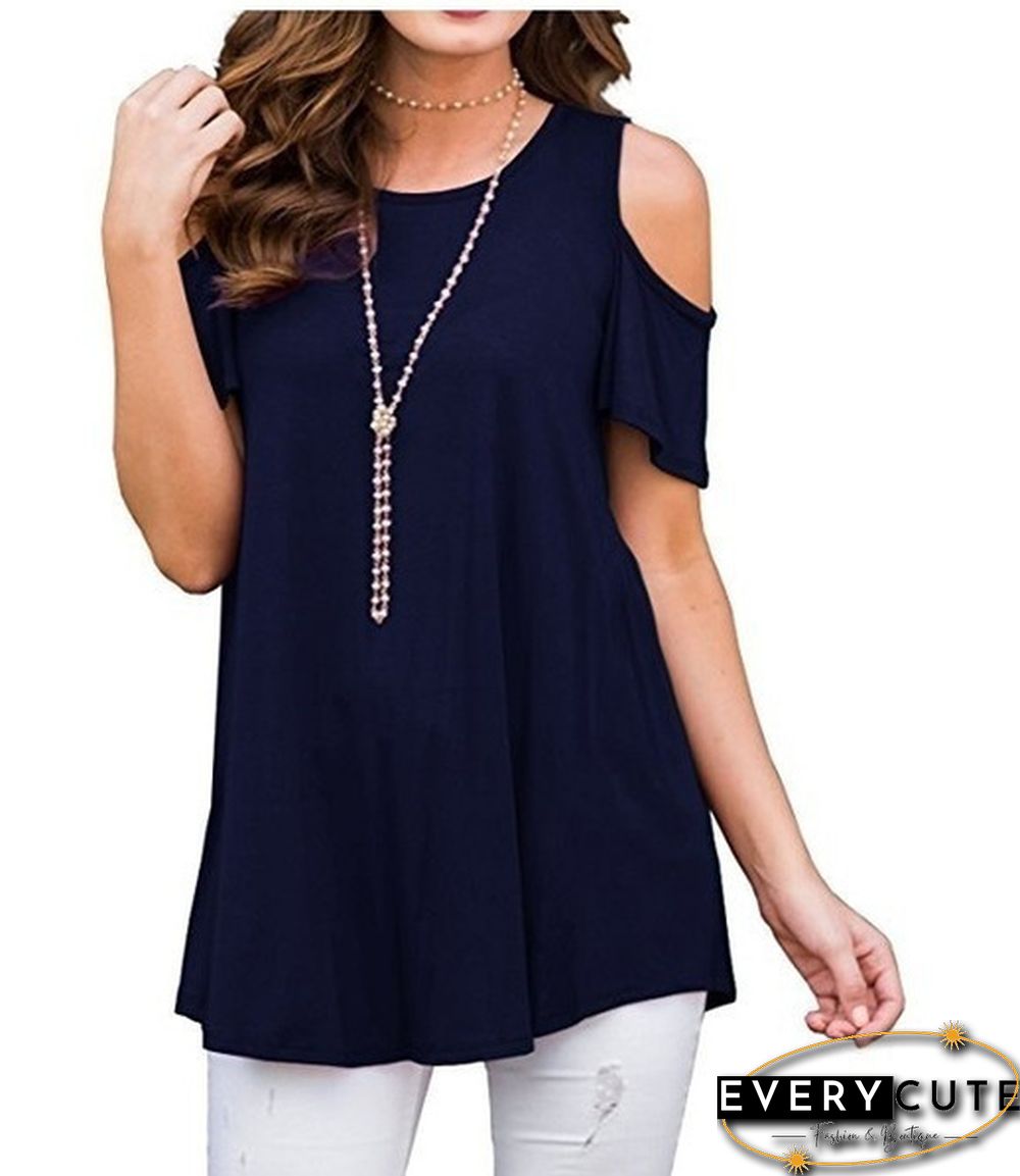 Plus Size XS-6XL Summer Womens Fashion Cold Shoulder Shirts Casual Loose Short Sleeve Crew Neck Floral Tunic Tops Blouses