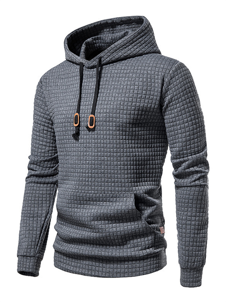 New Men's Casual Pullover Jacquard Sweater Plaid Solid Color Casual Comfortable Hooded Long-sleeved Jacket