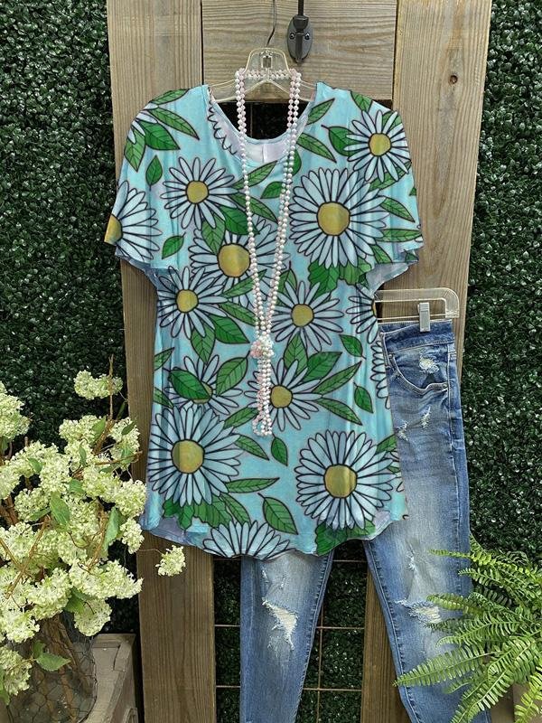 Daisy Floral Print Crew Neck Short Sleeve Cotton-Blend Shirts & Tops-Mayoulove