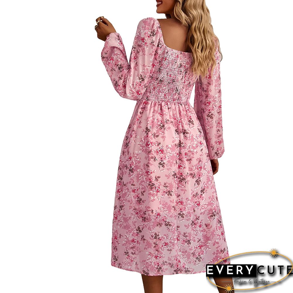 Pink Square Neck Back Pleated Chiffon Floral Dress