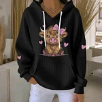 Women's Cute Heart Highland Cow Print Long Sleeve Casual Hoodie - Image 4