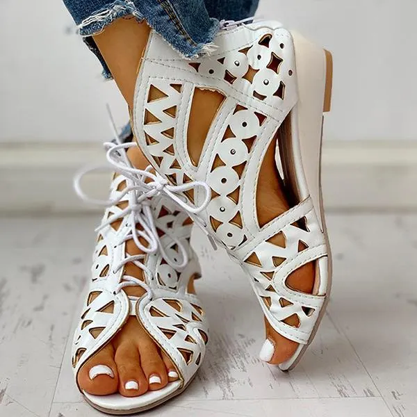 Hollow Out Lace-Up Pu Wedge Sandals