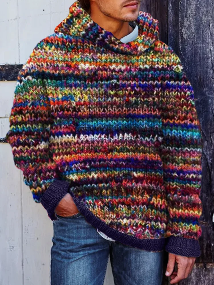 Men's Vintage Colorful Marled Chunky Cozy Hooded Sweater