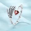 Horror Skull Wrap Ring  with Scarlet Zirconia Heart 925 Sterling Silver 
